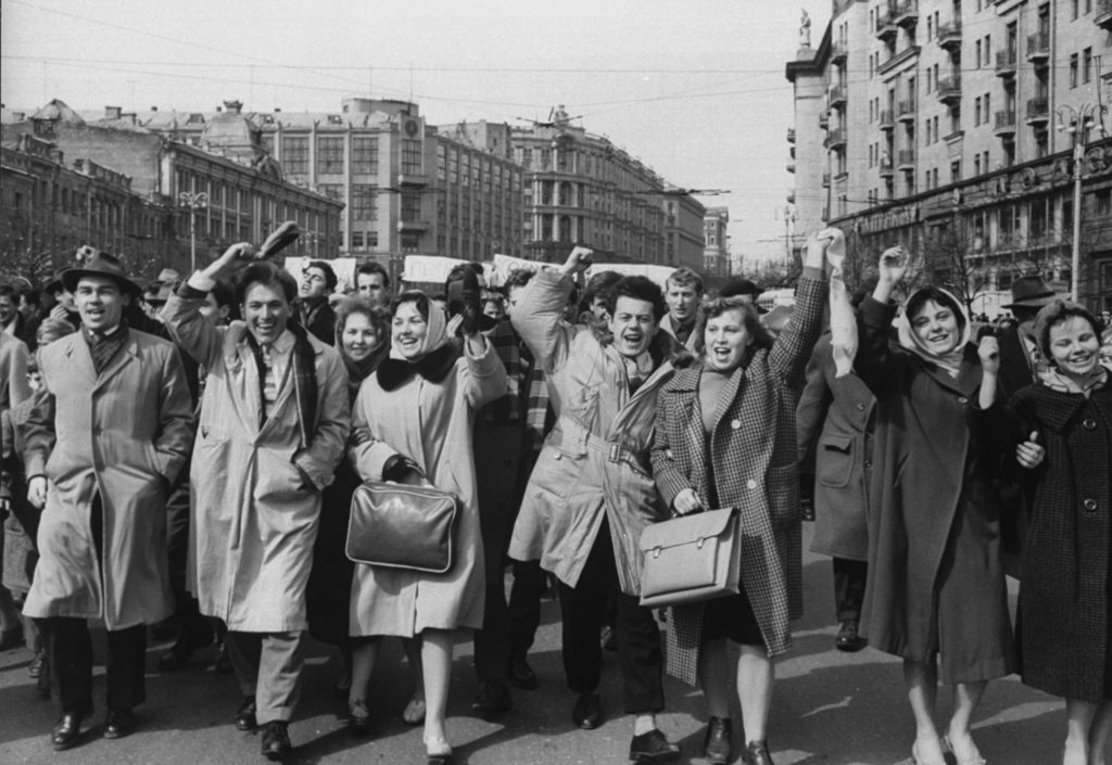 Crowds celebrating earth orbiting space flight of cosmonaut Yuri Gagarin. (Photo by James Whitmore/The LIFE Picture Collection © Meredith Corporation)