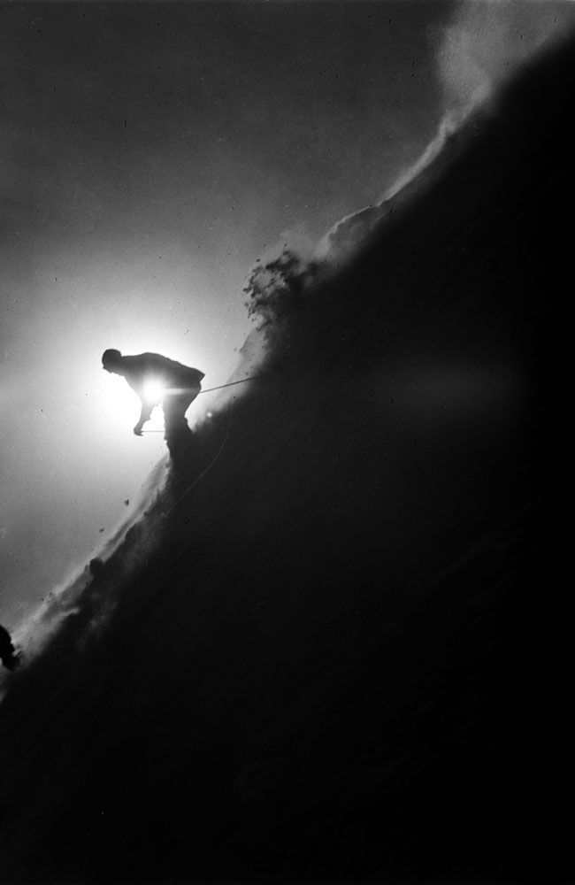 A skier trains for the Olympics, Squaw Valley, California, 1950.