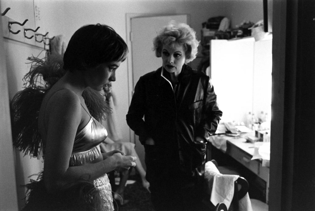 Shirley MacLaine and Lucille Ball backstage during a benefit show for victims of the devastating Isewan Typhoon, 1959.