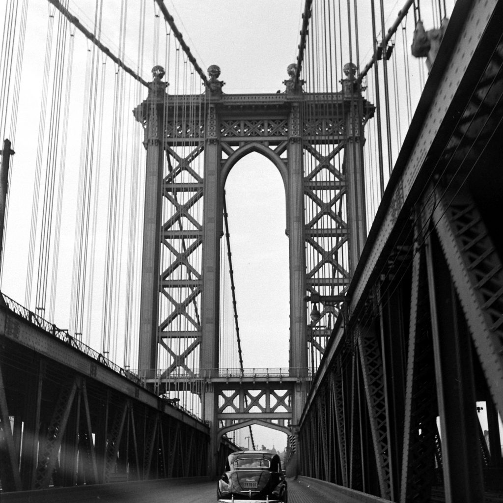 View of the Manhattan Bridge, connecting Brooklyn with that island across the East River, 1946.