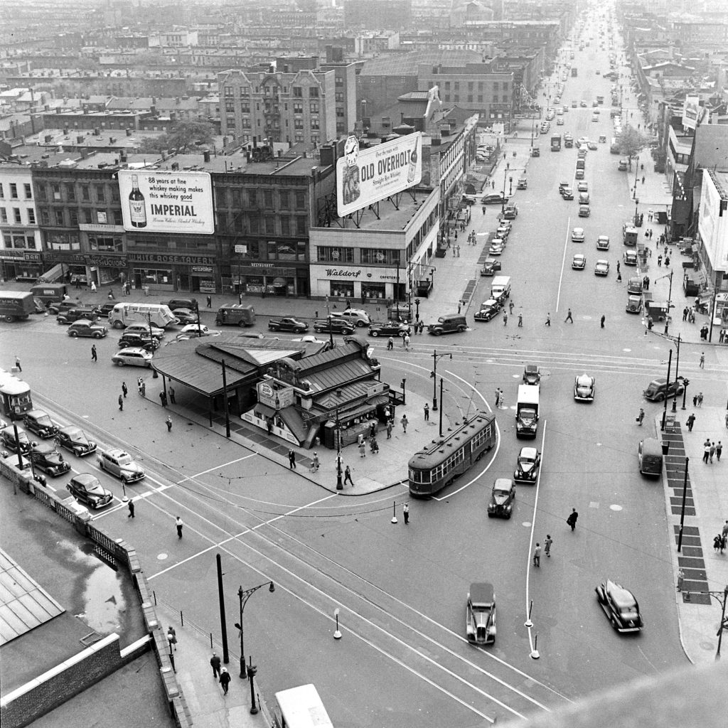 From photographer's notes: "Trolleys &amp; tracks at corner of Flushing Ave., Graham &amp; Broadway."