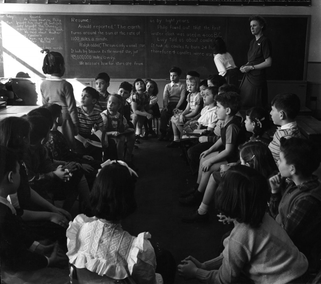 Photo from a public "genius school" for 3-to-11-year-olds at New York's Hunter College, 1948.