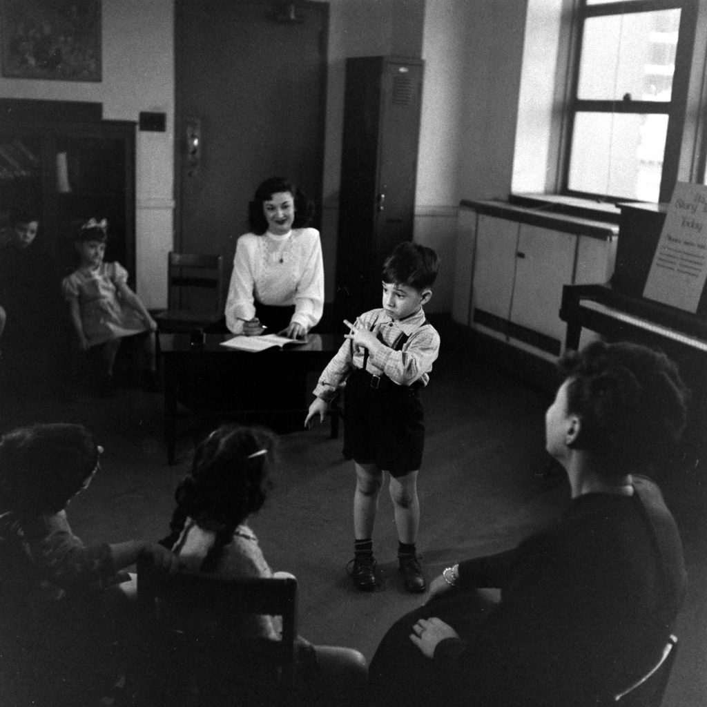 Photo from a public "genius school" for 3-to-11-year-olds at New York's Hunter College, 1948.