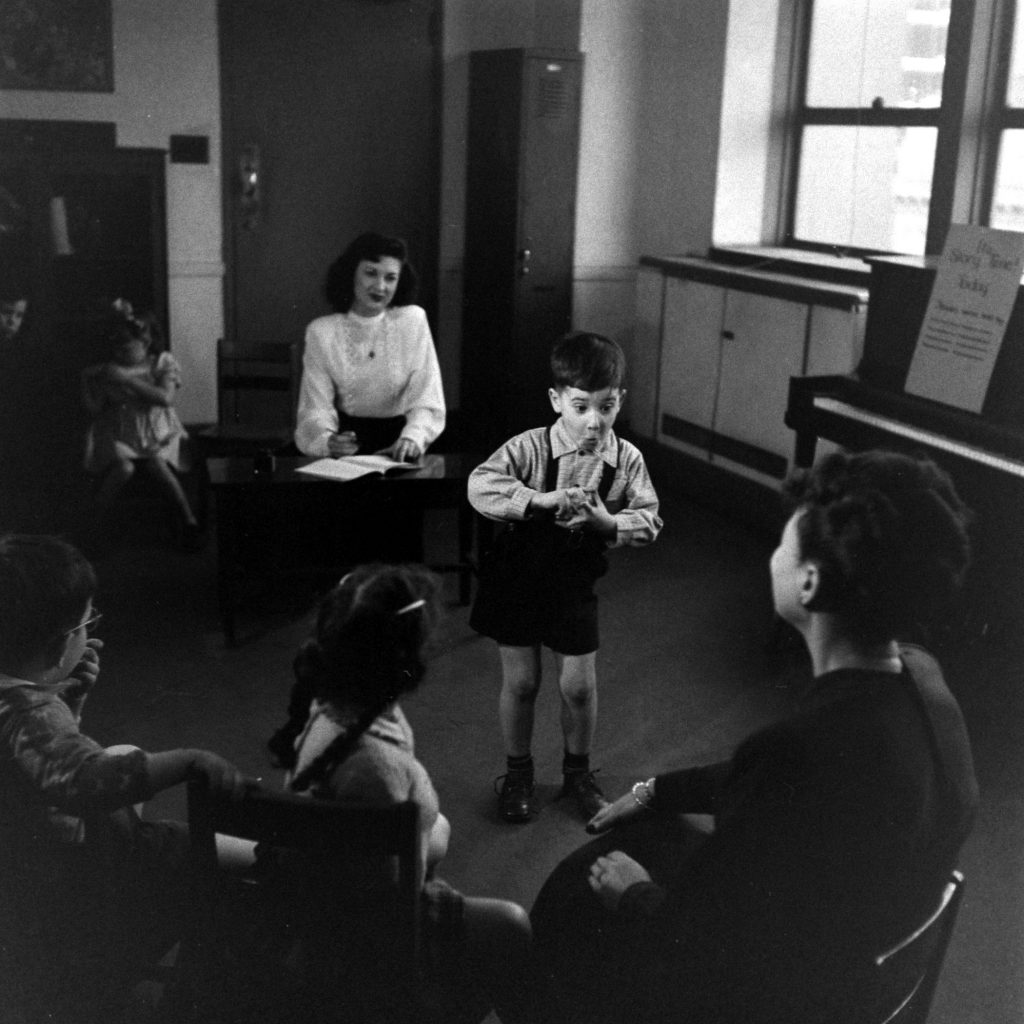 Photo from a public "genius school" for 3-to-11-year-olds at New York's Hunter College, 1948.