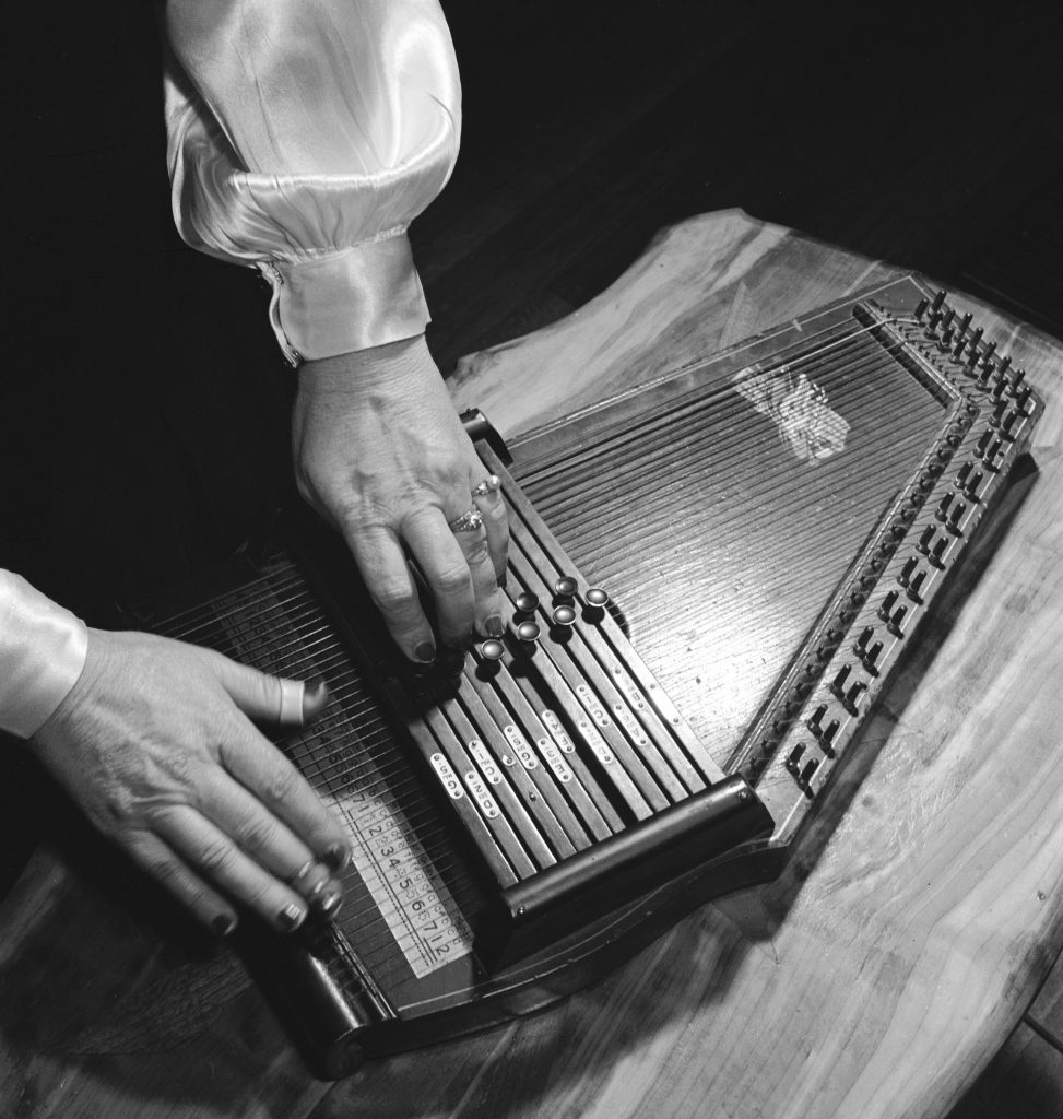 Hands of Sara Carter, playing the autoharp.