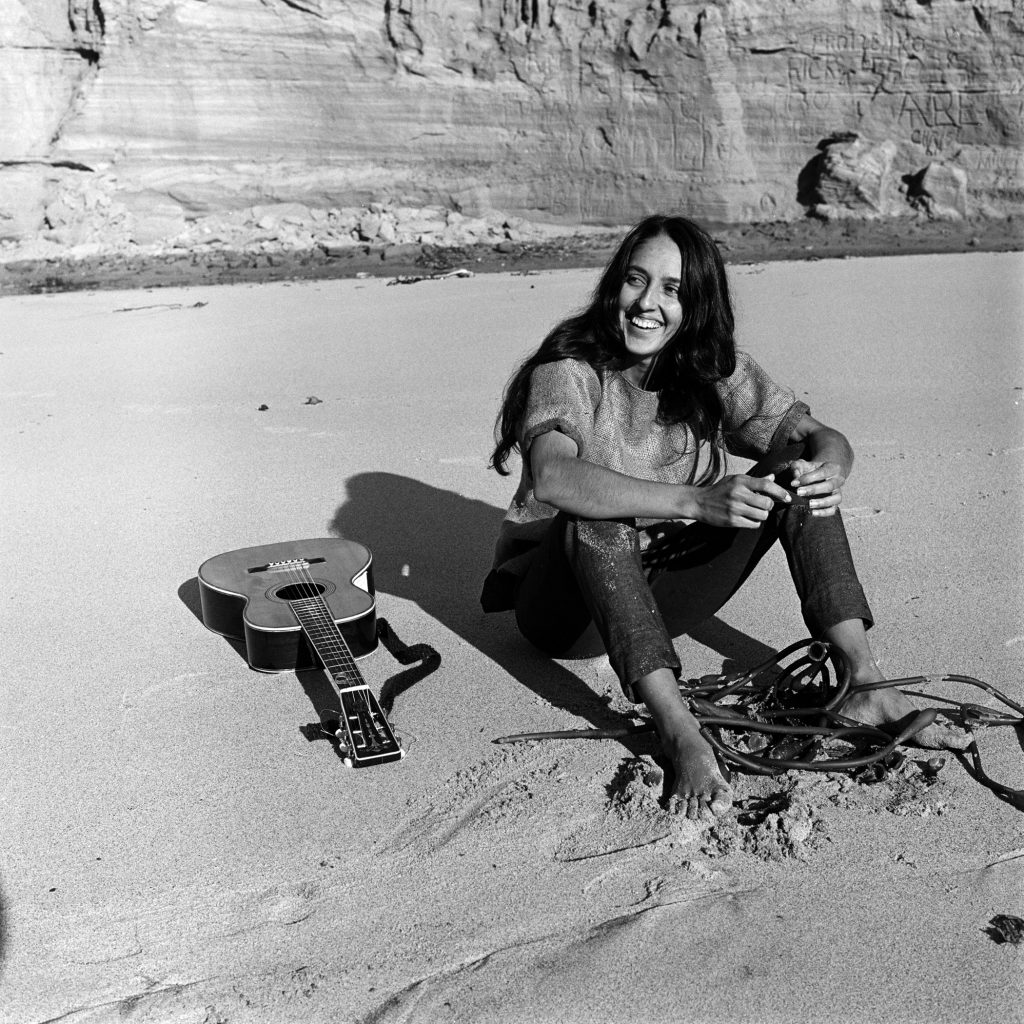 Folk singer Joan Baez on the beach near her home in Carmel, California, in 1962.