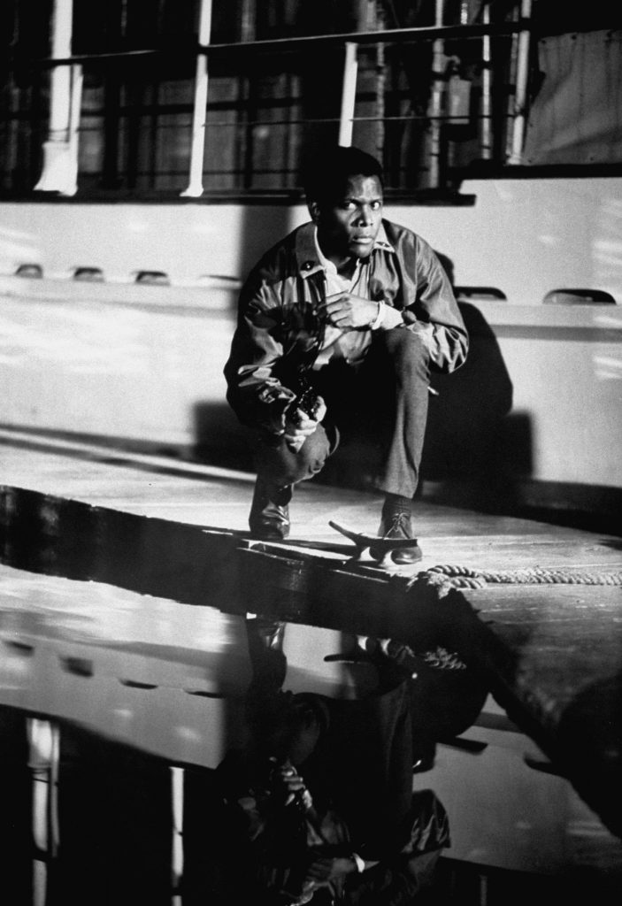 Sidney Poitier filming scenes in "The Lost Man," 1968.