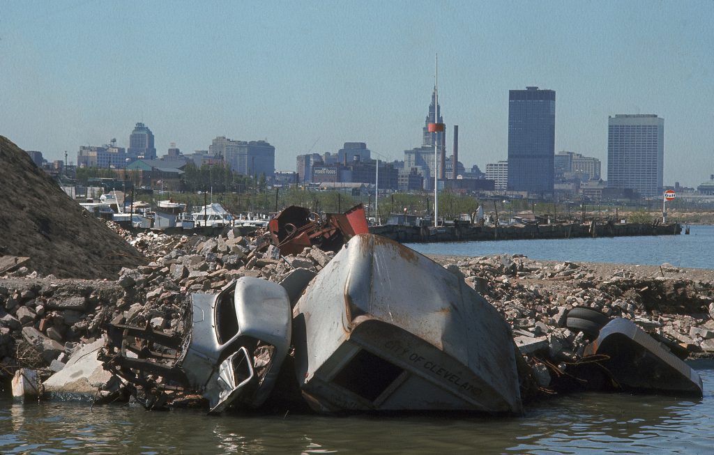 Color photos of pollution in the Great Lakes in 1968.