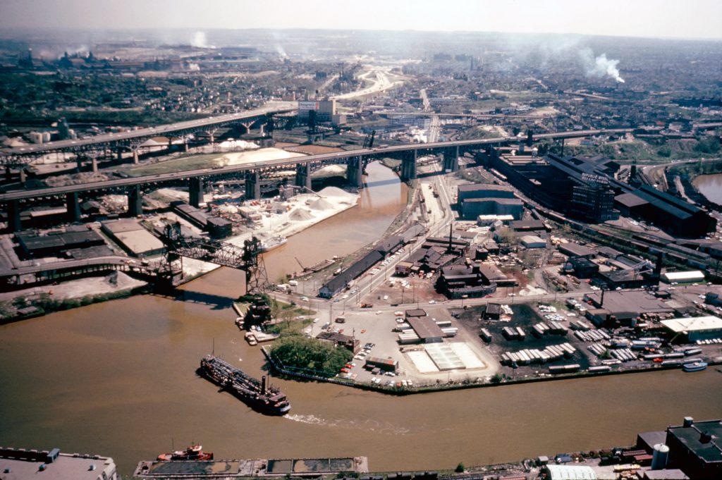 Color photos of pollution in the Great Lakes in 1968.