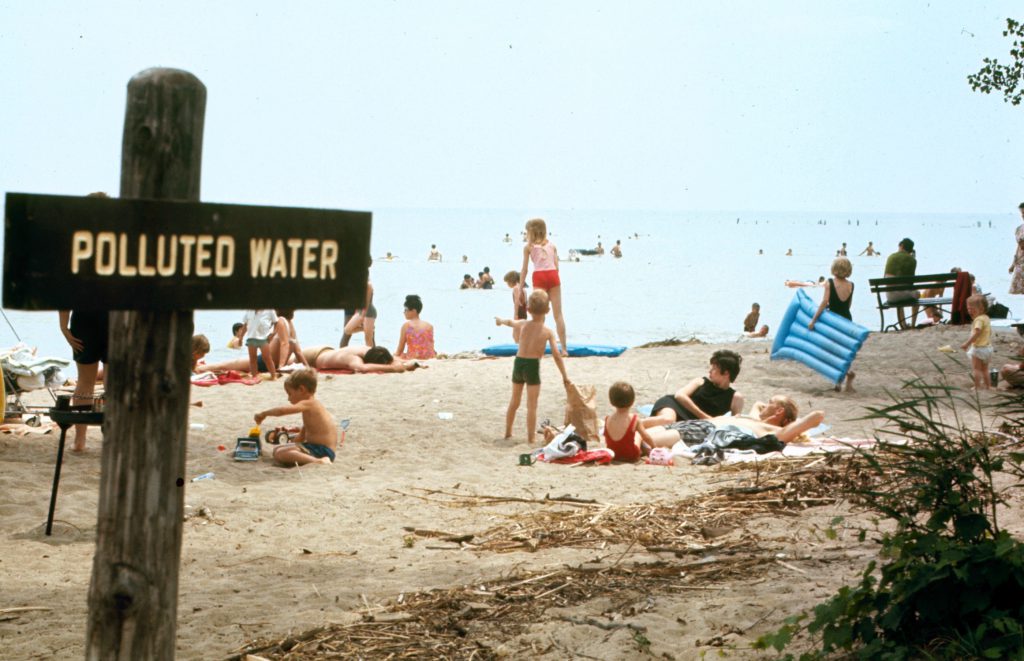 Color photos of pollution in the Great Lakes in 1968.