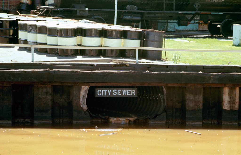 Color photos of pollution in the Great Lakes in 1968.