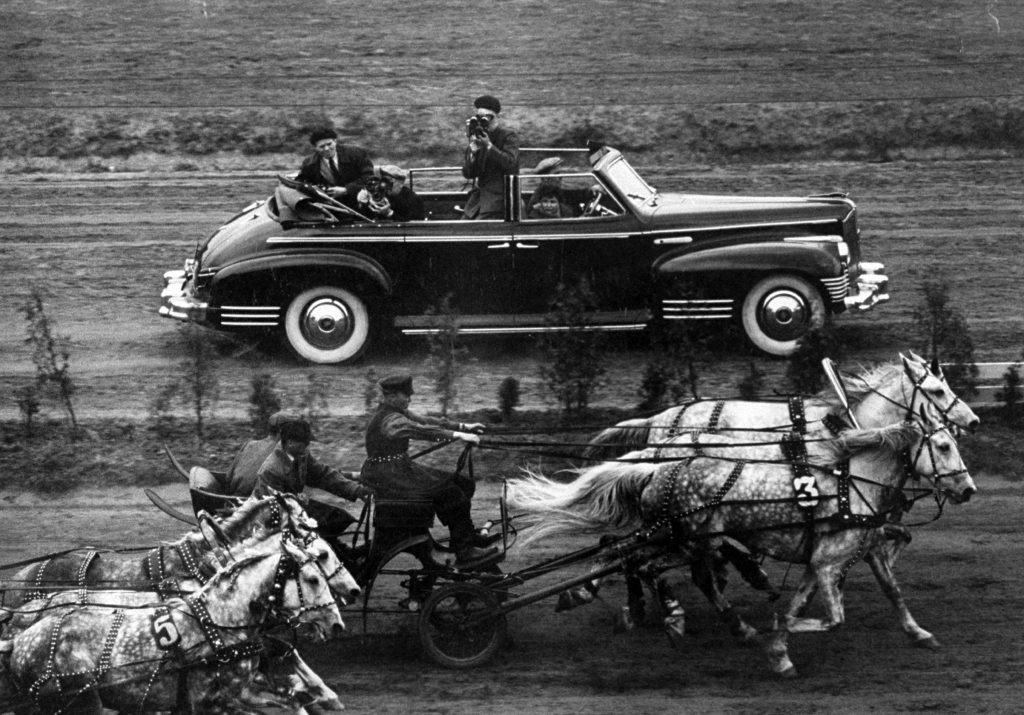 Harness racing at All-Russia horse show at the Hippodrome, 1958.