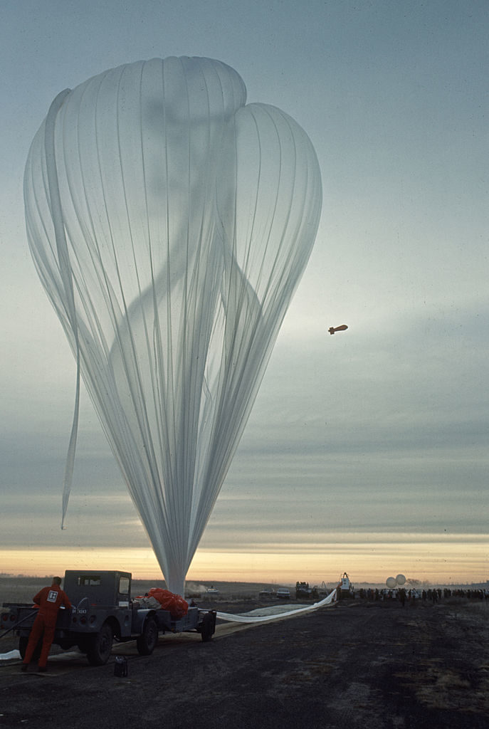 View of the balloon used to lift a drop platform on the ground, New Brighton, Minnesota, May 1966. American parachutist Nick Piantanida (1932 - 1966) used the platfrom in his attempt to break free-fall record with a jump of 123,800 feet. (Photo by Robert W. Kelley/The LIFE Picture Collection © Meredith Corporation)