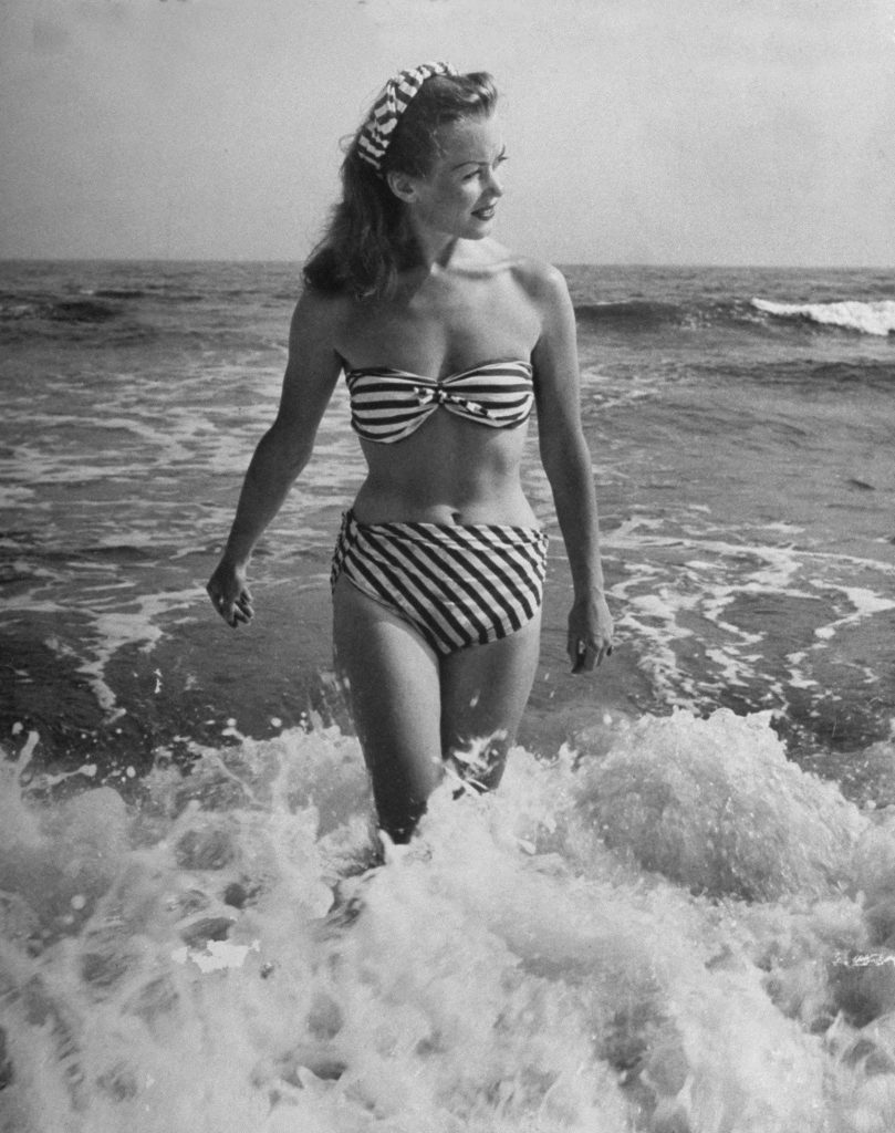 Caption from the Sept. 2, 1946, issue of LIFE: "[French actress] Barbara [Laage] wears suit with no fear of disaster, except in a rough surf because it has been tied on with good strong knots."