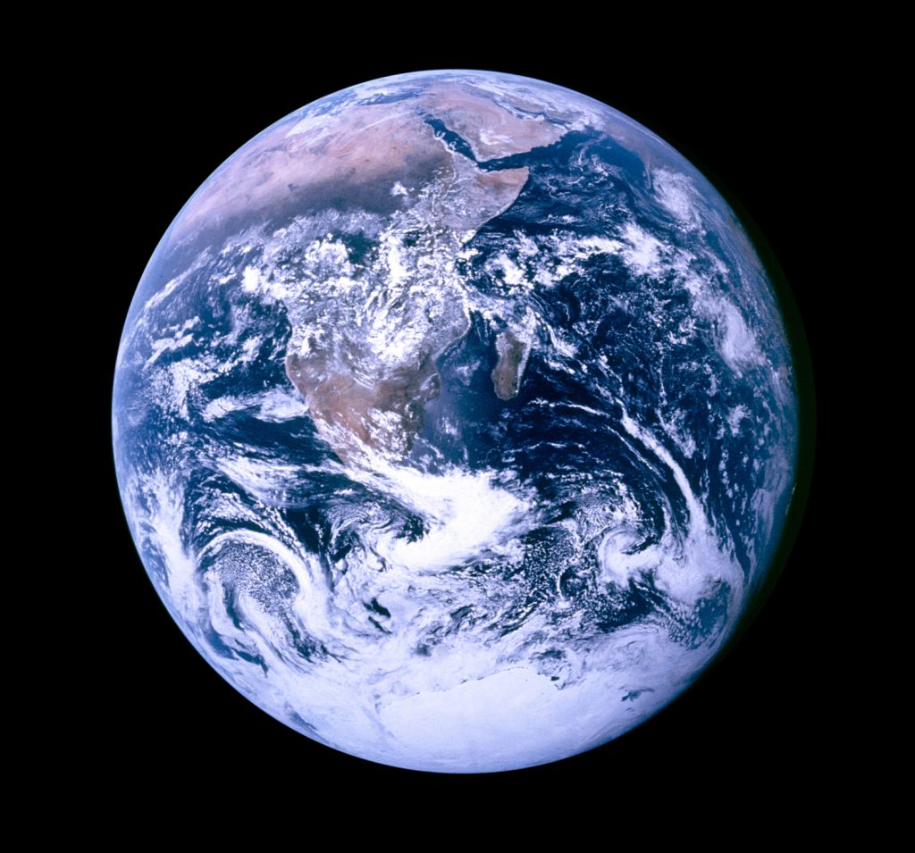 View of the Earth as seen by the Apollo 17 crew traveling toward the moon, Dec. 7, 1972.